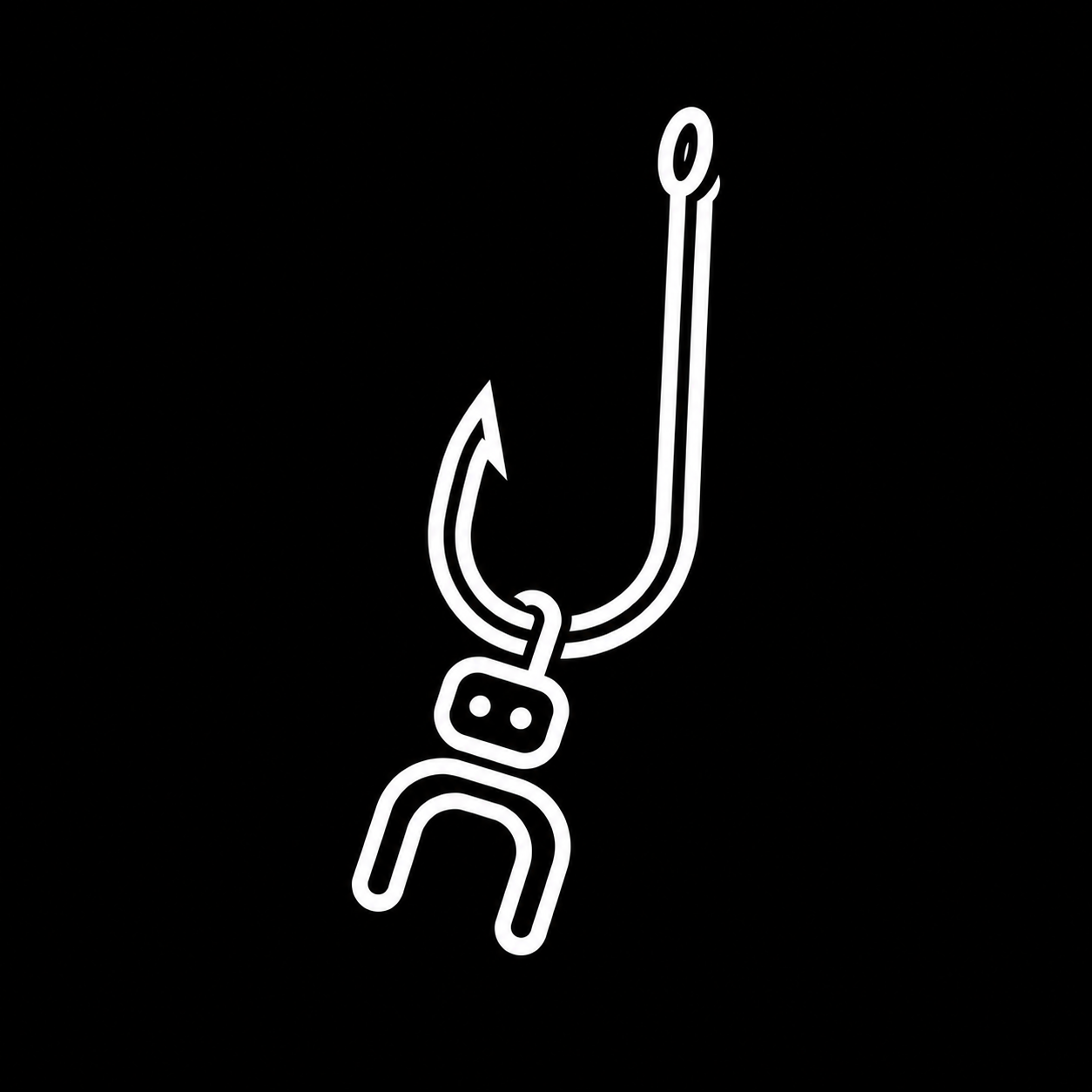 A white, line-art fishing hook with a tiny robot charm